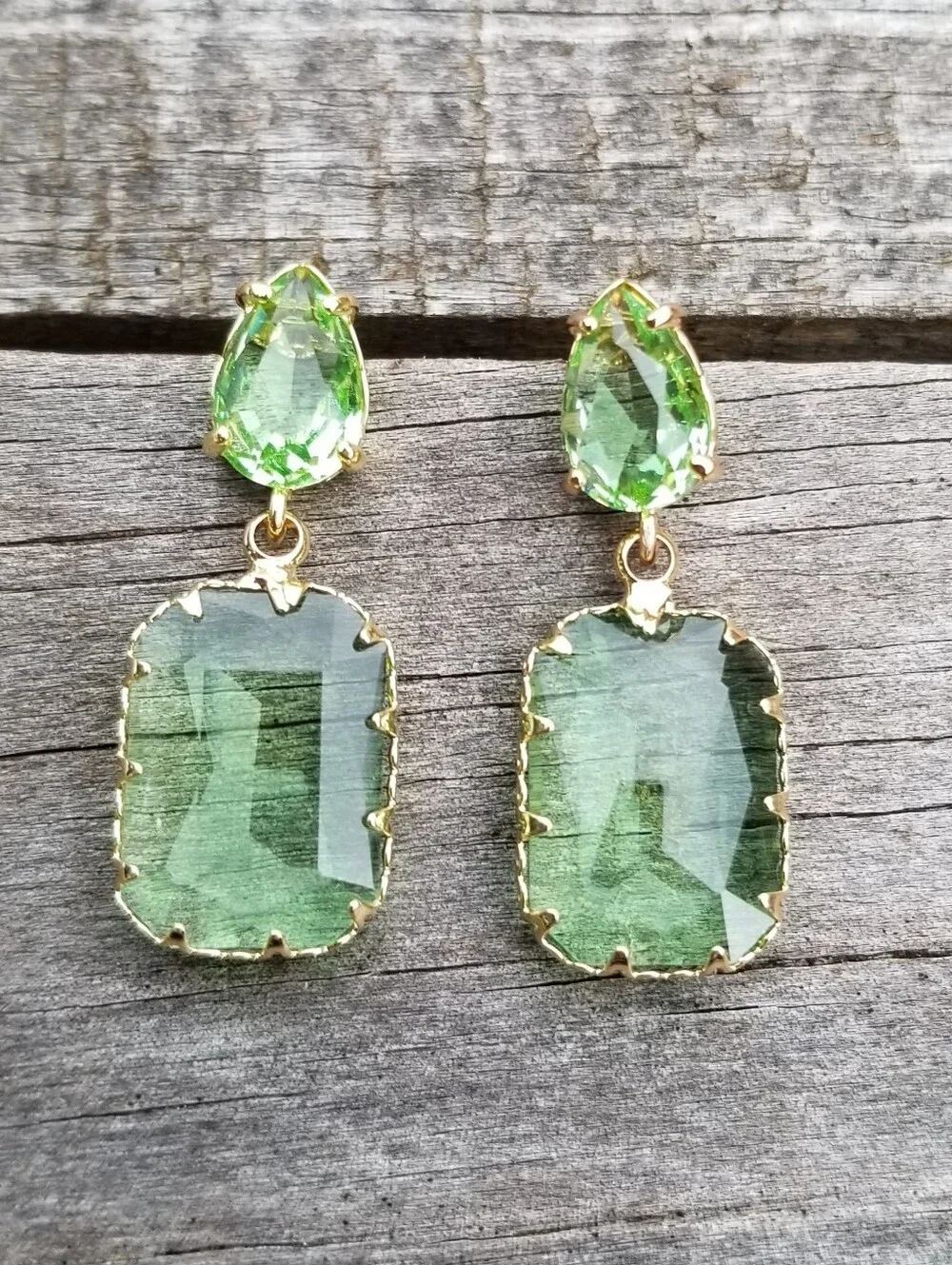 14k Gold Peridot Stud Earrings, Rectangular Peridot Dangle Earrings, Green Stone